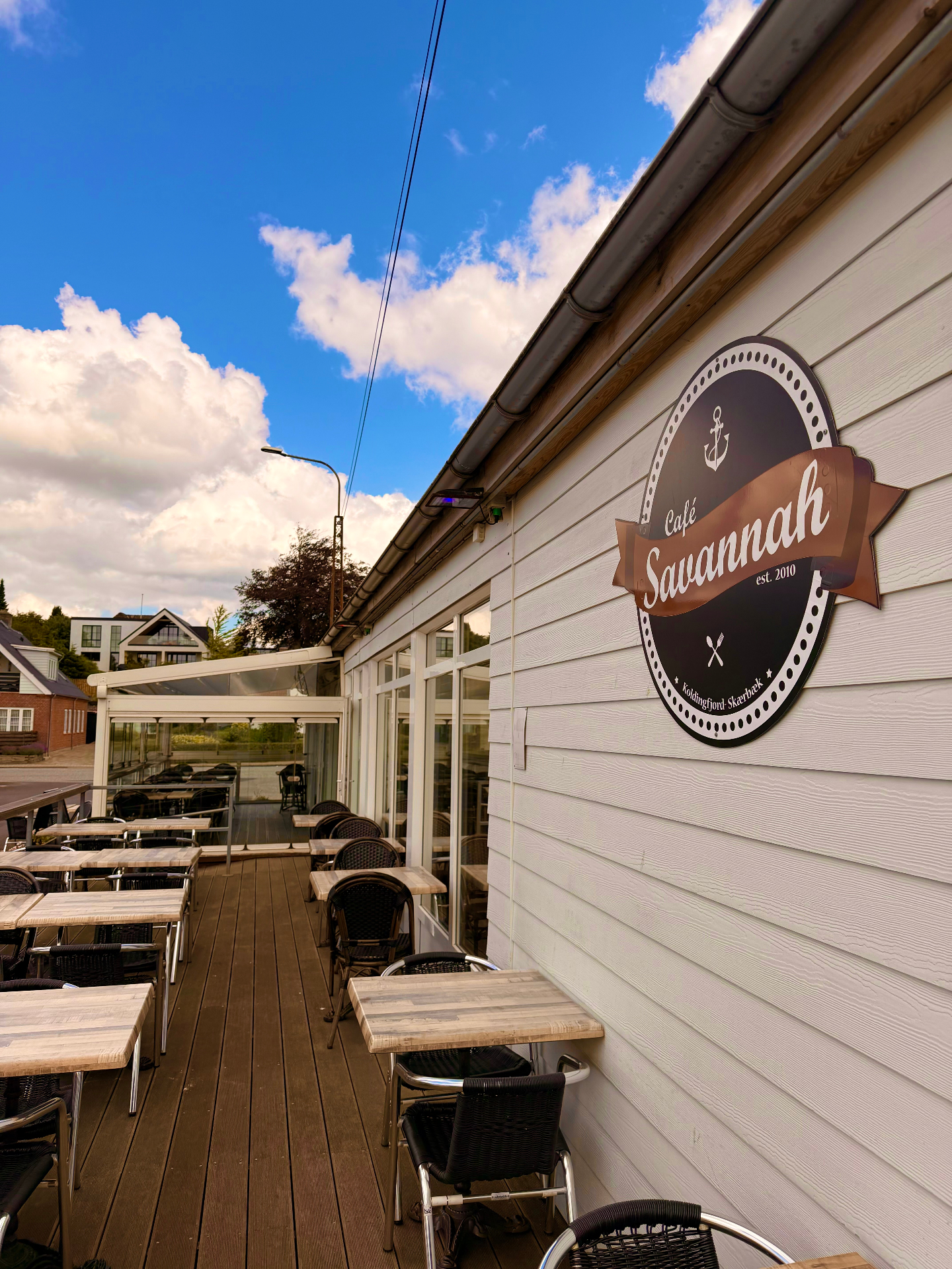 Café Savannah terrace by Skærbæk Harbour, Kolding Fjord